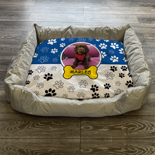 Personalised Dog Bed Paws & Bones Blue