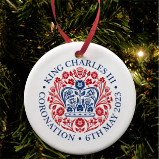 King Charles III 3rd Coronation Christmas Tree Decoration Flat Ceramic Bauble